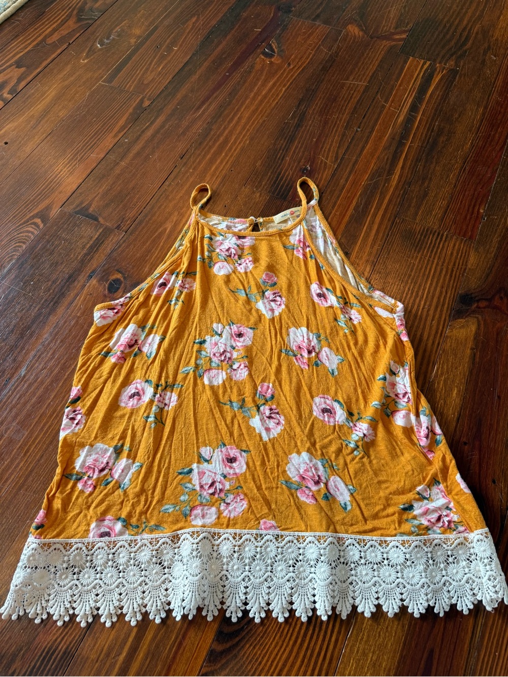 Wishful Park Mustard Floral Lace-Trim Halter Tank